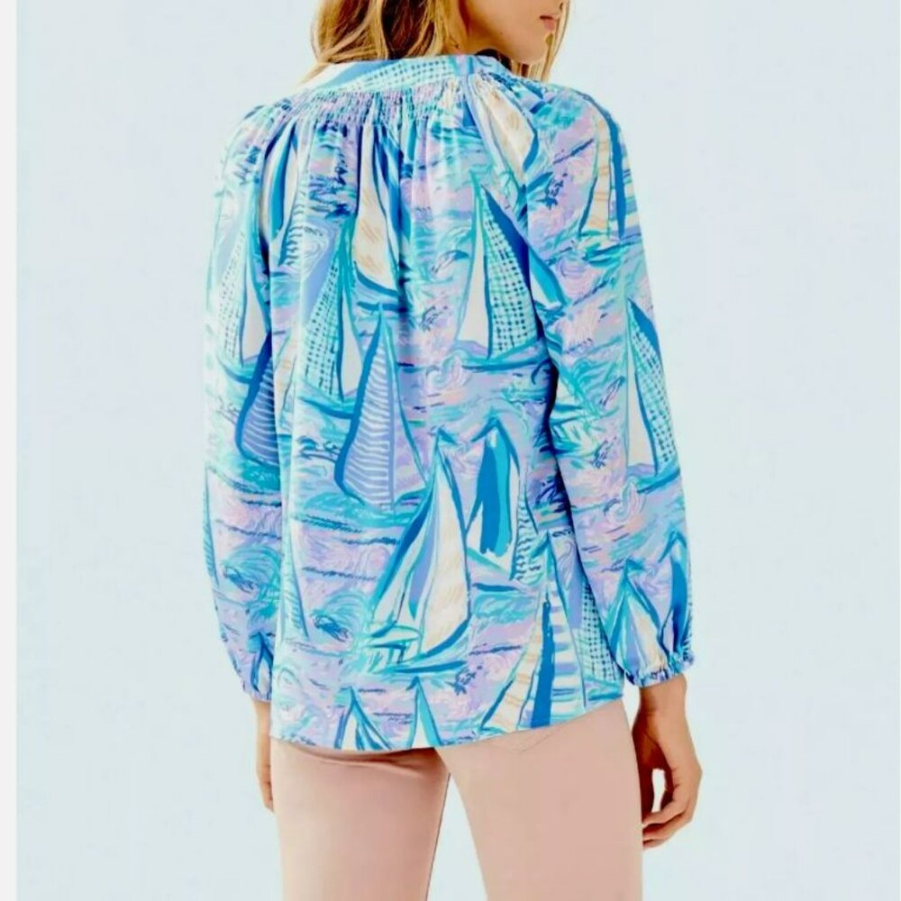 Lilly Pulitzer Elsa Silk Top in Light Lilac Verbena Aboat Time - Picture 3 of 10